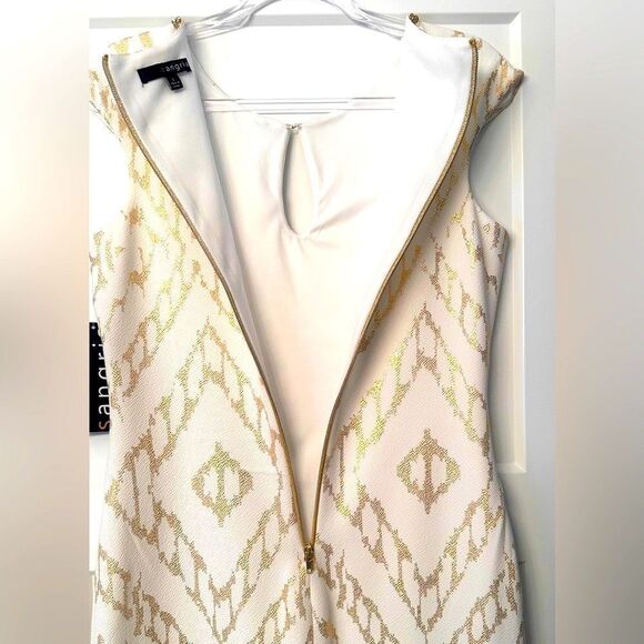 Sangria White and Gold Metallic Cap Sleeve Rhinestone Shift Dress - Picture 5 of 12